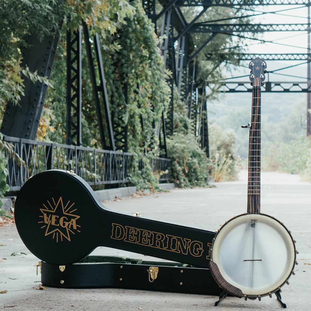 Vega Vintage Star banjo and case on bridge