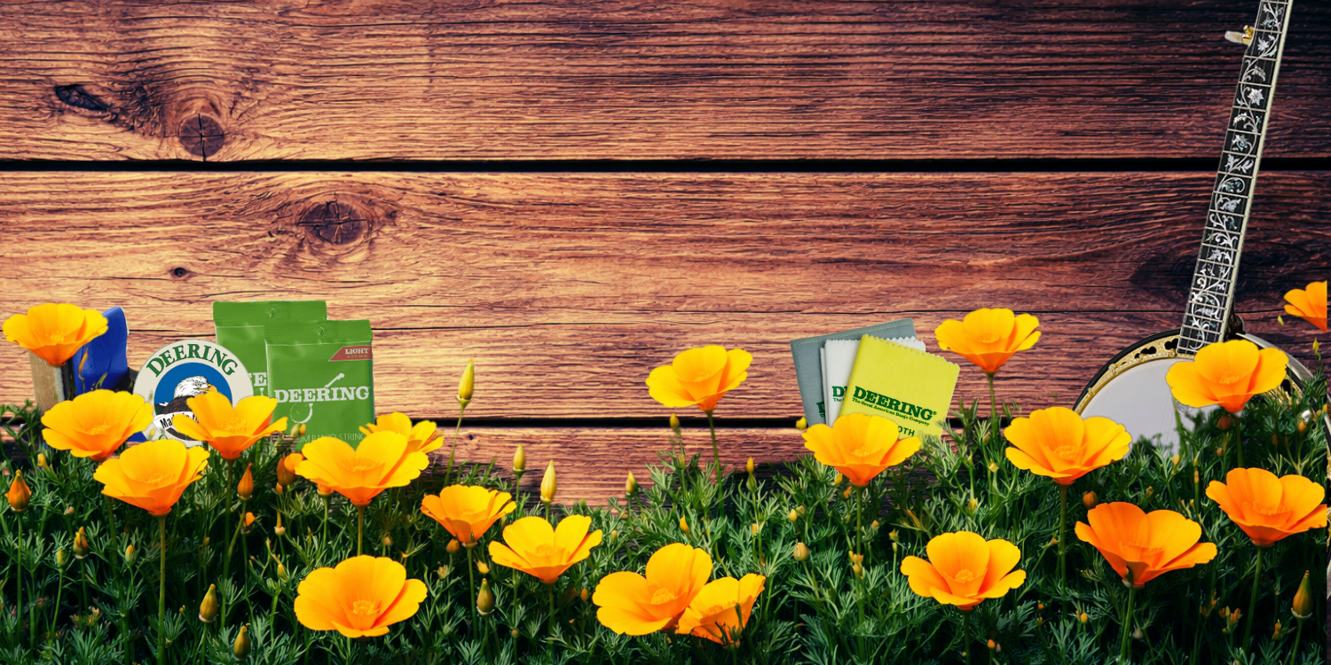 a deering banjo and various accessories among green grass with yellow flowers and a wooden background