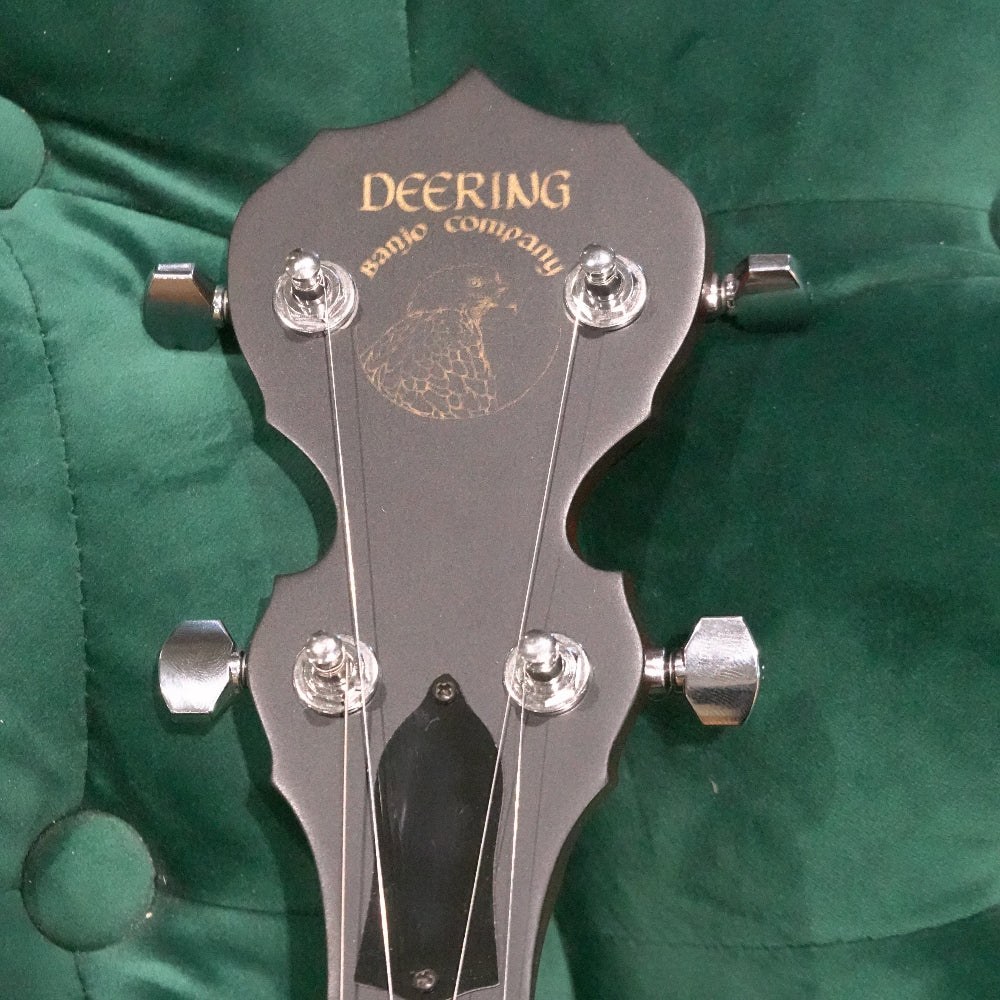 Close-up of a banjo headstock with 'Deering banjo Company' branding on a green background.