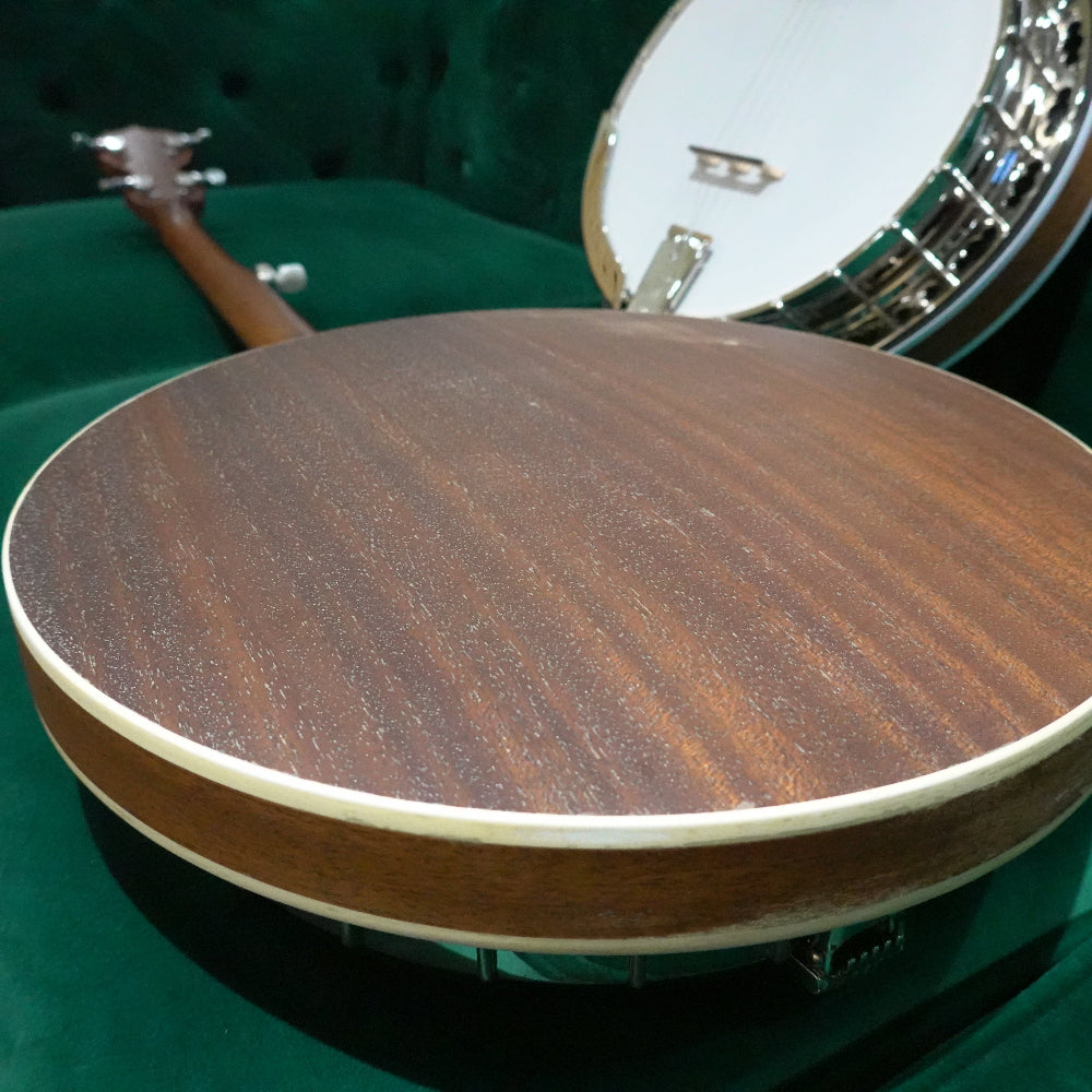Close-up of a banjo on a green background