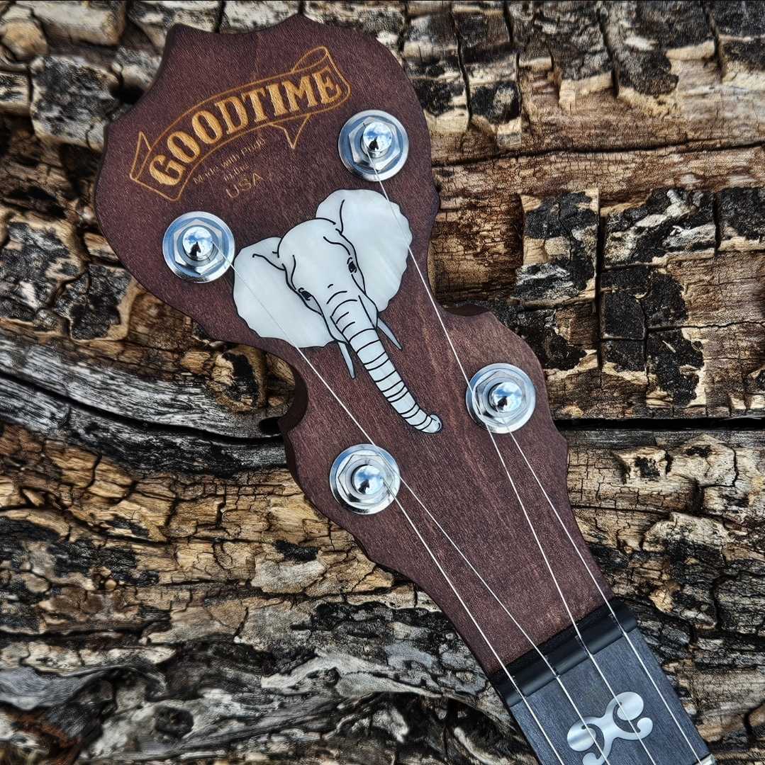 2024 Giving Tuesday Elephant Banjo Close up of Elephant Inlay in Peghead