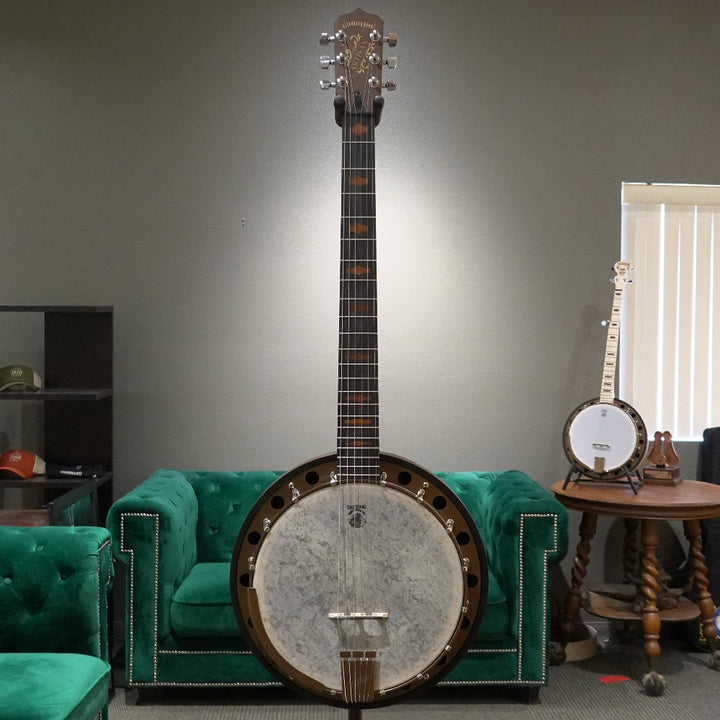 6 string banjo in front of grey wall and green couch