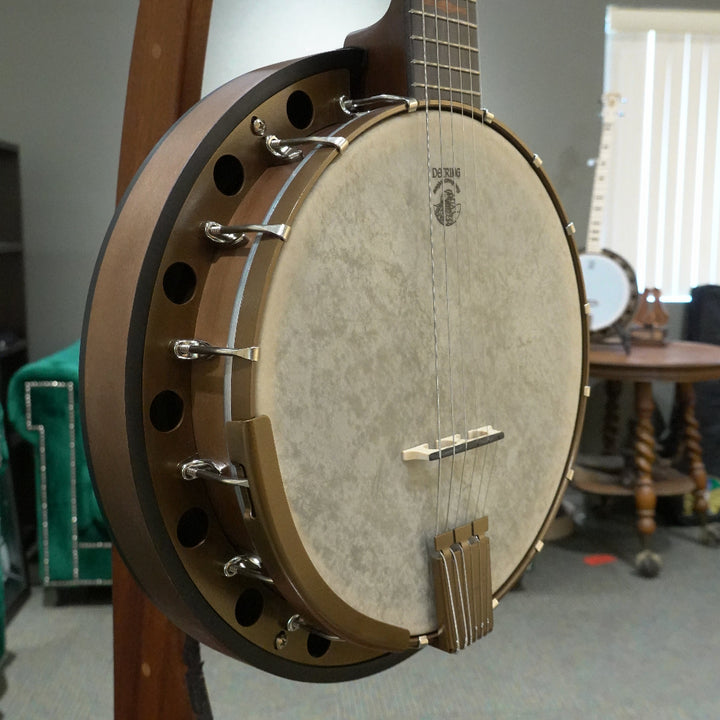 close up of 6 string banjo in front of grey wall and green couch