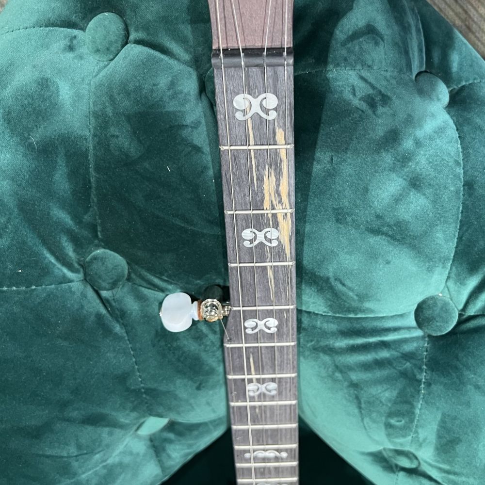 Dark wood neck with light colored wood streaks white plastic inlay in front of green velvet textured background