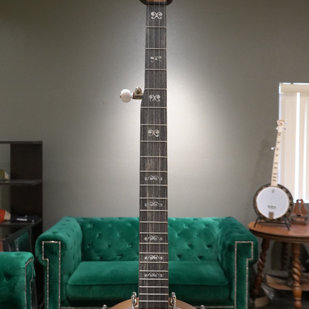 Close up of banjo fingerboard against grey wall and green couch
