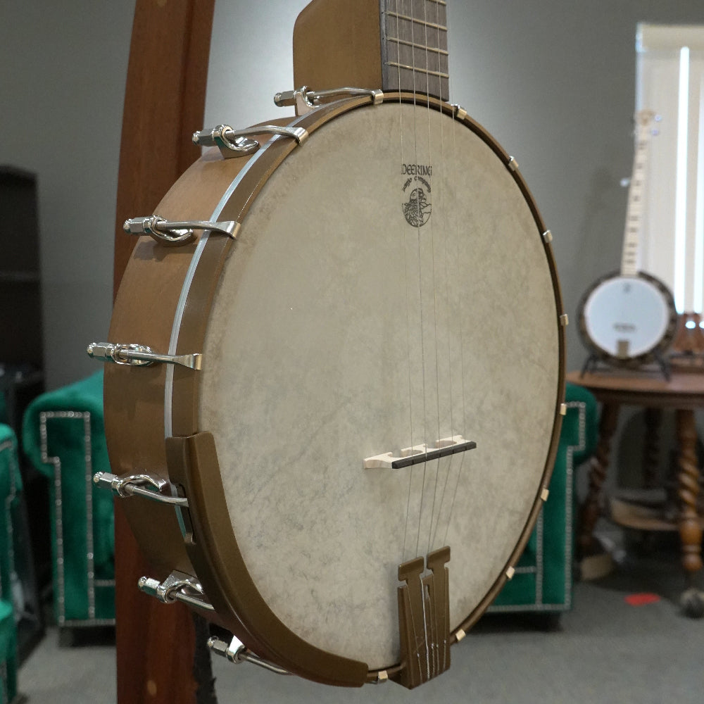 close up of banjo rim with banjo head and bronze hardware. 