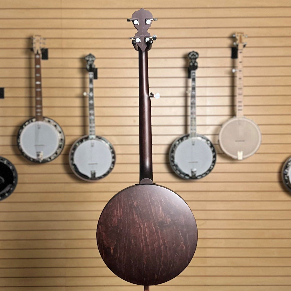 Artisan Special full back with Banjos hanging on a wooden wall