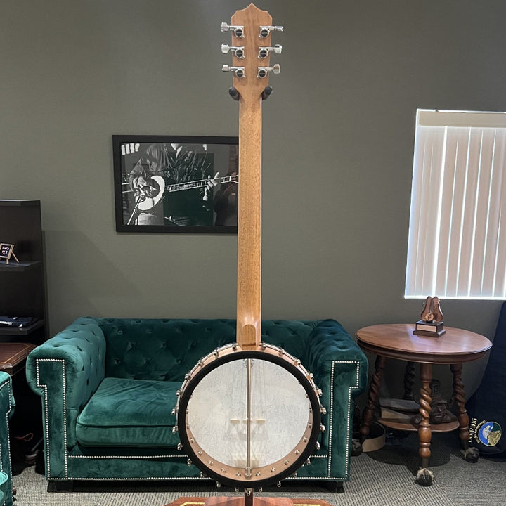 Banjo on a stand in a room with green velvet couch and framed picture on the wall.