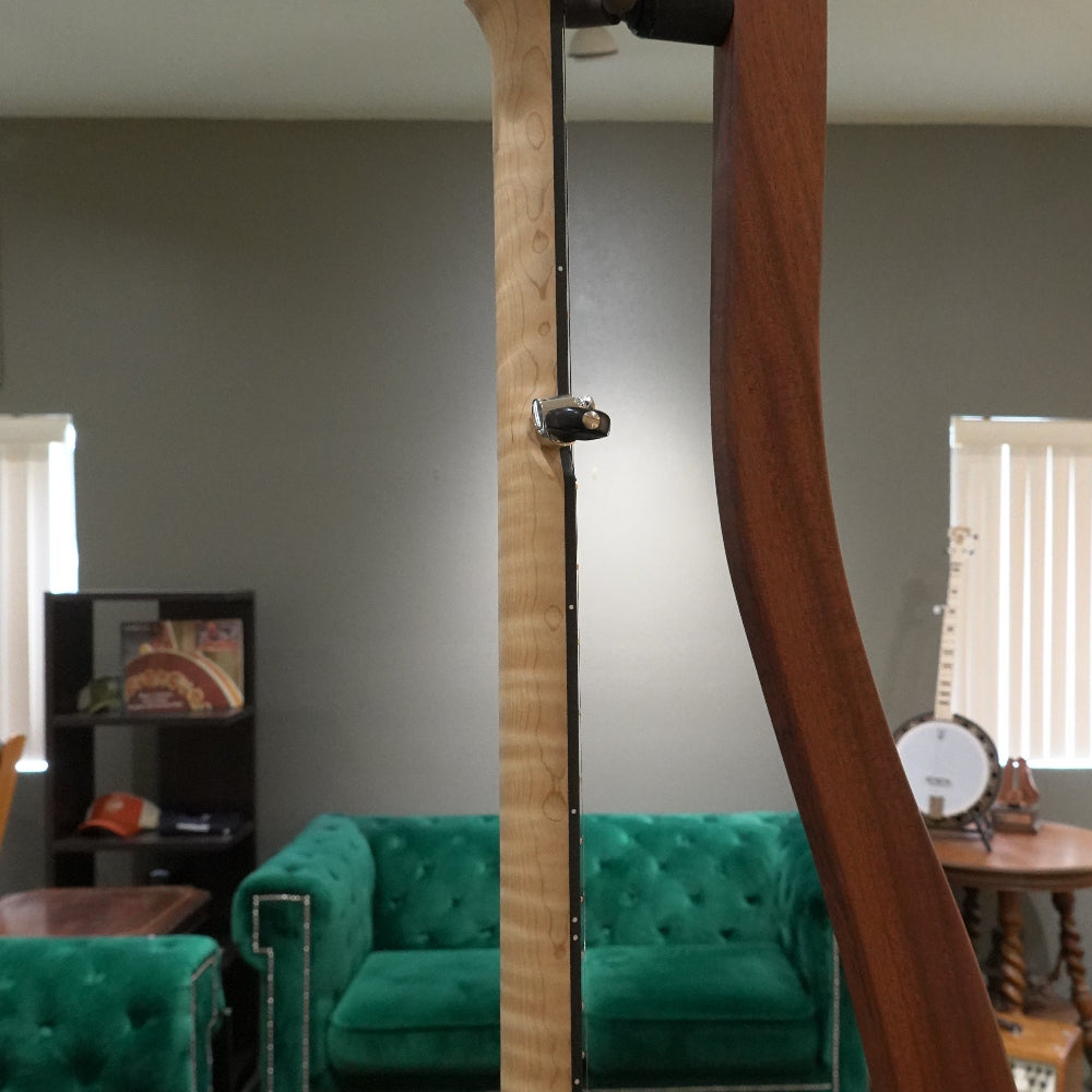 side profile of banjo neck with gray back ground and green couch