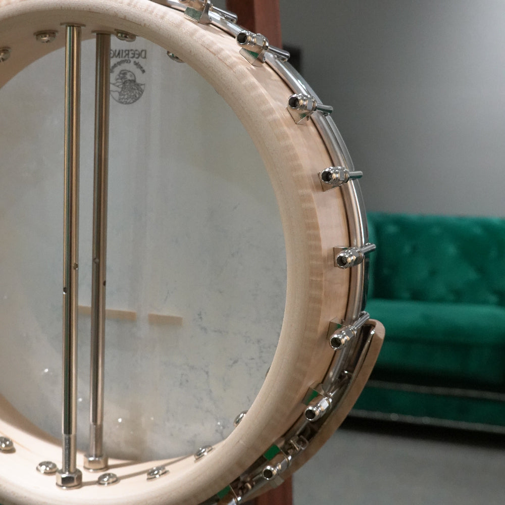 Close-up of a banjo head with a blurred green couch in the background