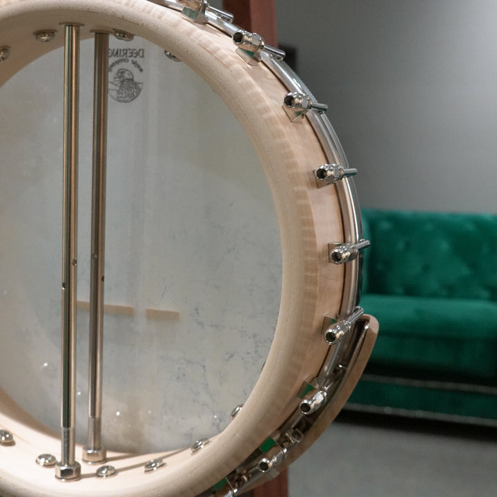 Close-up of a banjo head with a blurred green couch in the background