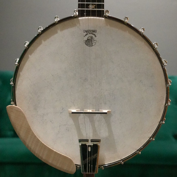 Close-up of a banjo's soundhole with a blurred green couch in the background