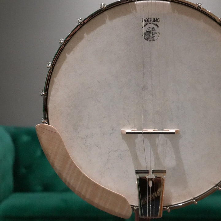 Close-up of a banjo head with a brand logo against a blurred green couch background