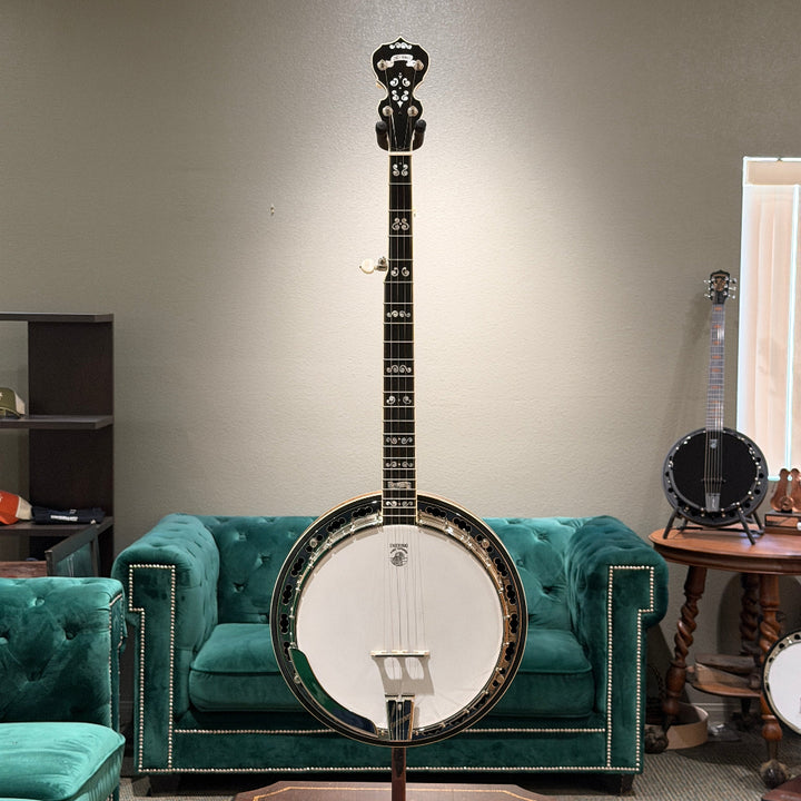 stringed instrument in front of a gray wall and green couch. 