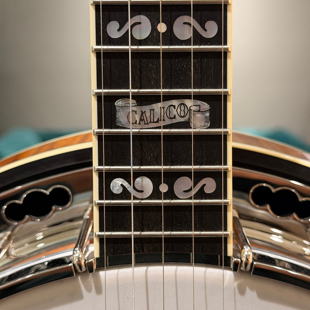 Close up of Calico inlay on dark fingerboard. 