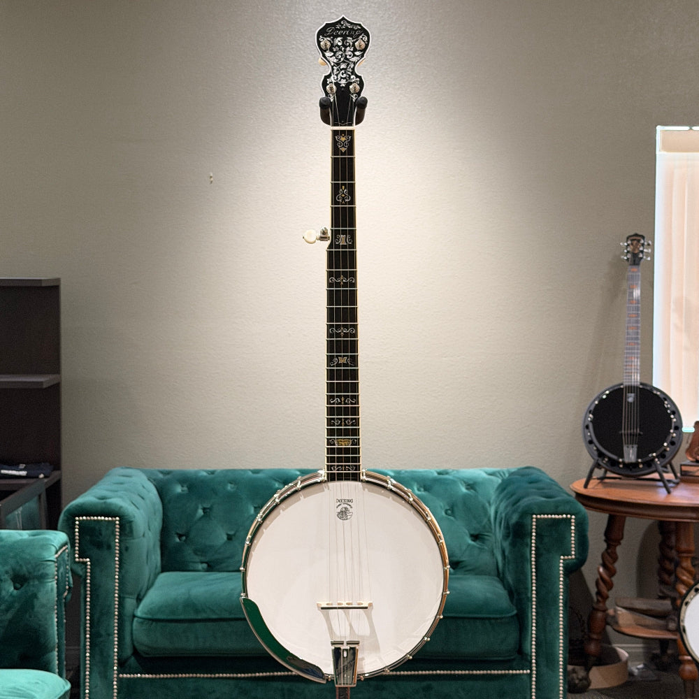 stringed instrument in front of a gray wall and green couch. 