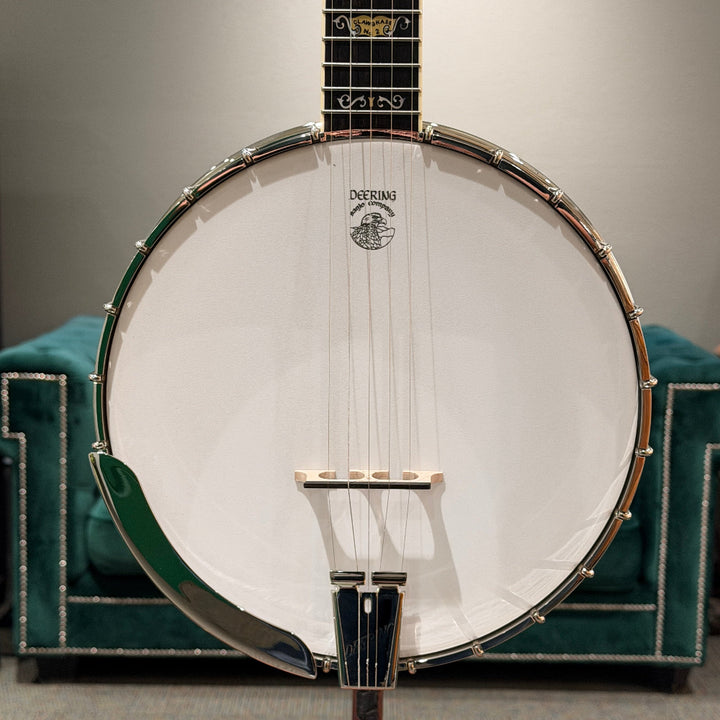 stringed instrument in front of a gray wall and green couch. 