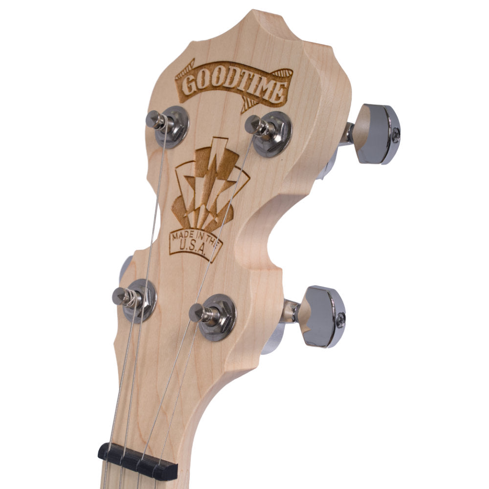 Goodtime 19-Fret Tenor Banjo peghead at an angle