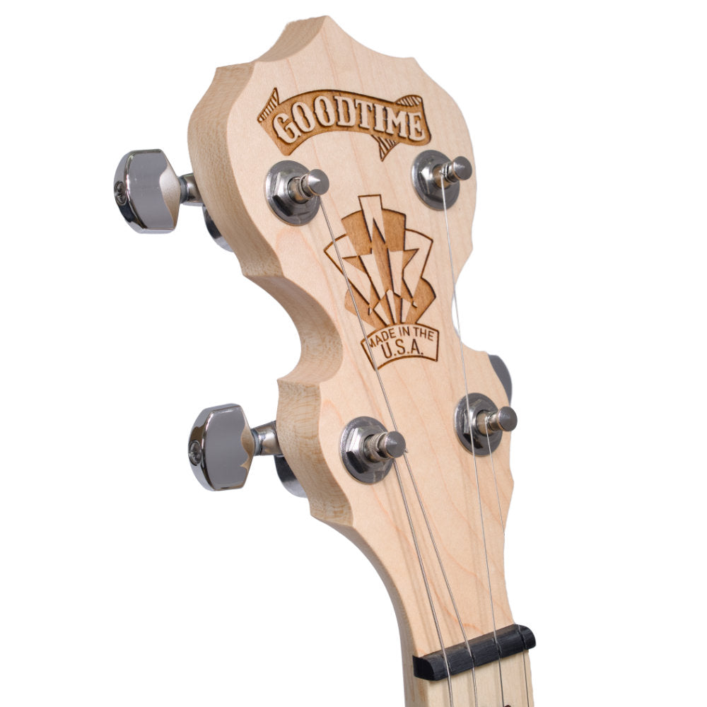 Goodtime 19-Fret Tenor Banjo peghead at an angle right 2