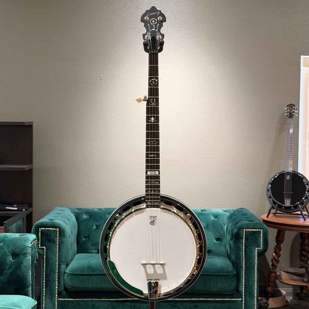 stringed instrument in front of a gray wall and green couch. 