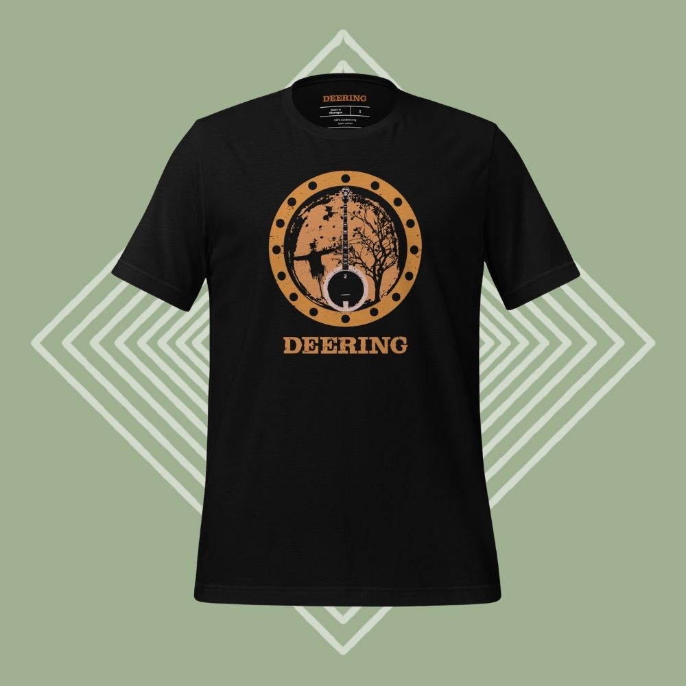 DeeringAutumnBanjoVibesT-Shirt_Black_Front, GreenDiamondBackground