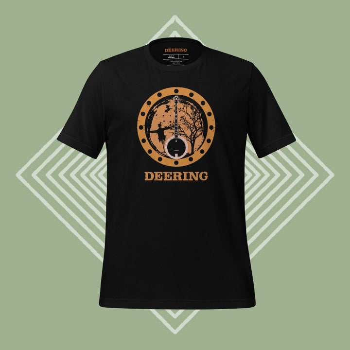 DeeringAutumnBanjoVibesT-Shirt_Black_Front, GreenDiamondBackground