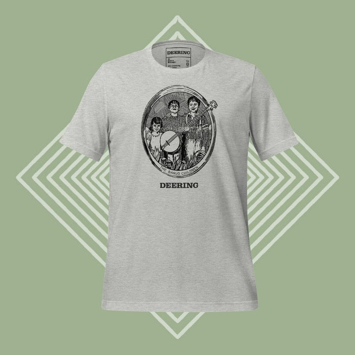 DeeringBanjoChildrenT-ShirtMockup-Grey-GreenDiamondBackground-Front