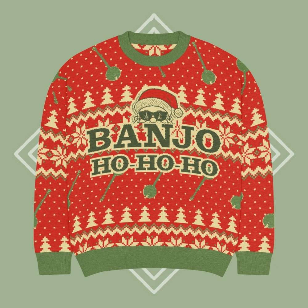 DeeringBanjoHo-Ho-HoChristmasSweather_Front_Green Diamond Background