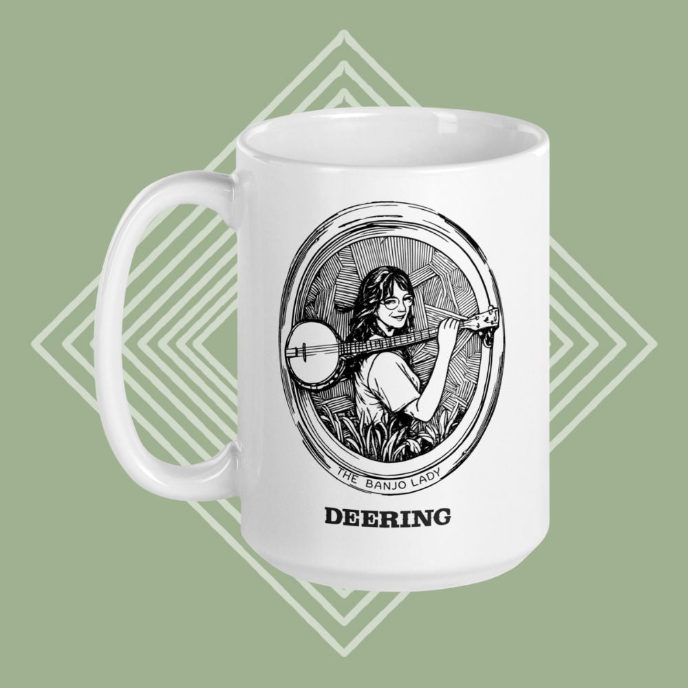 DeeringBanjoLadyMug-15oz-LeftFacingHandle-GreenDiamondBackground - Front