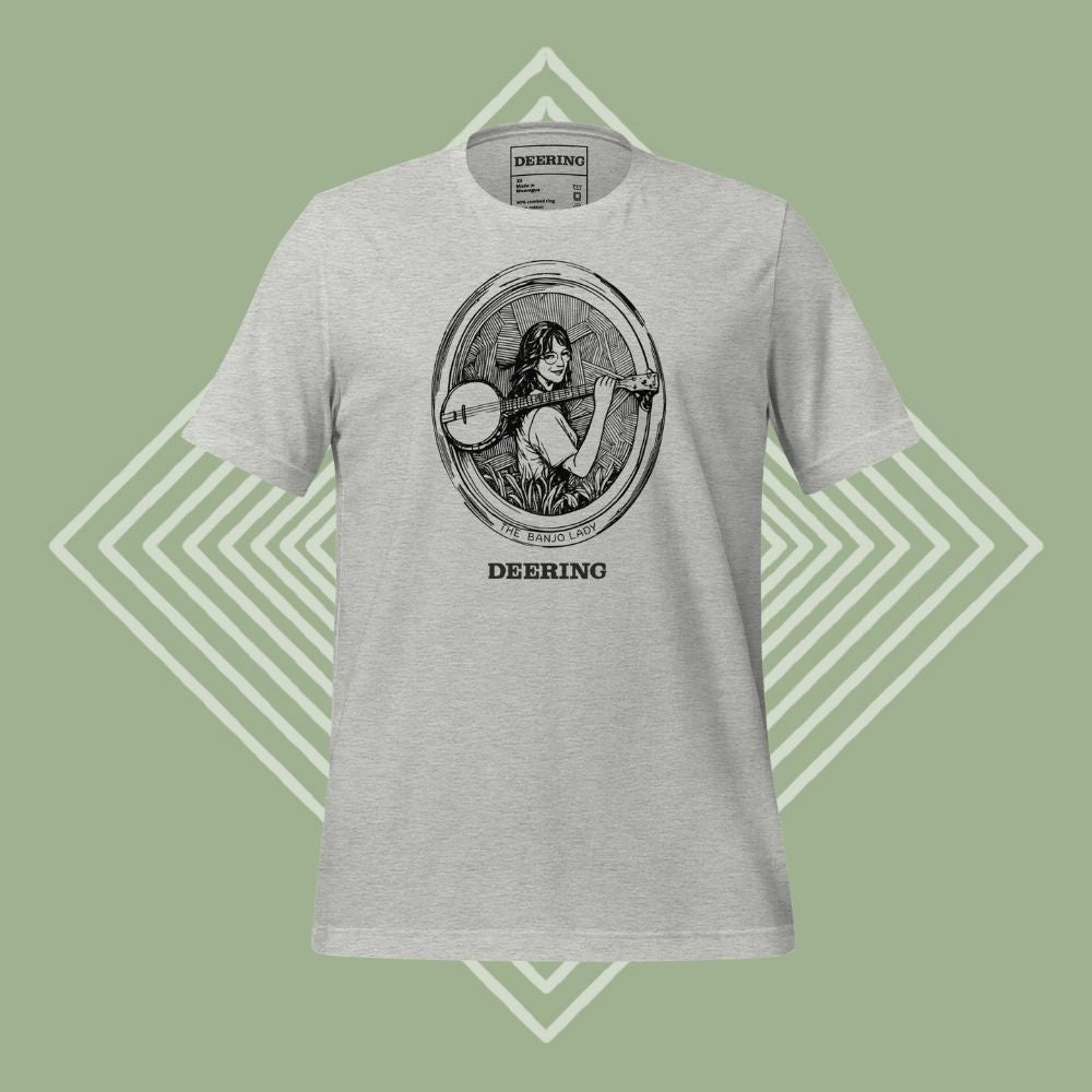 DeeringBanjoLadyT-ShirtMockup-GreenDiamondBackground-Front