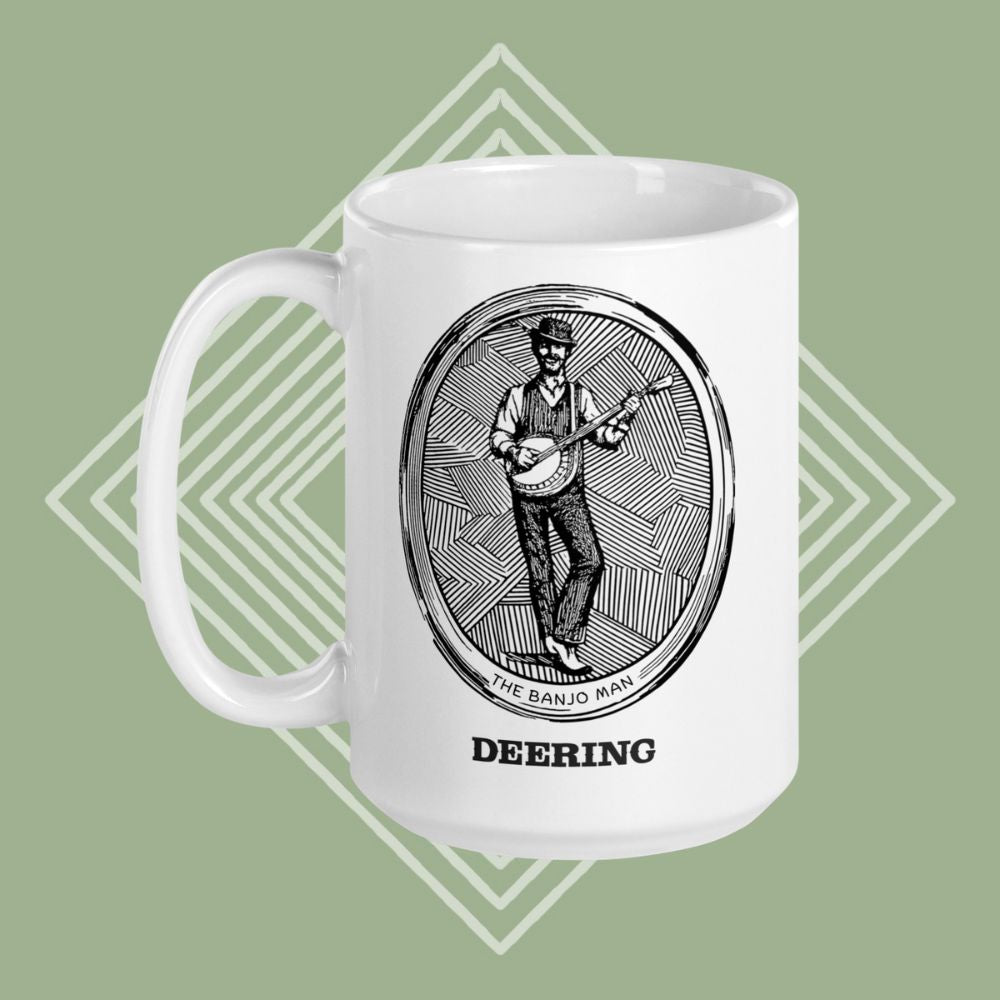 DeeringBanjoManMug-15oz-LeftFacingHandle-GreenDiamondBackground-Front