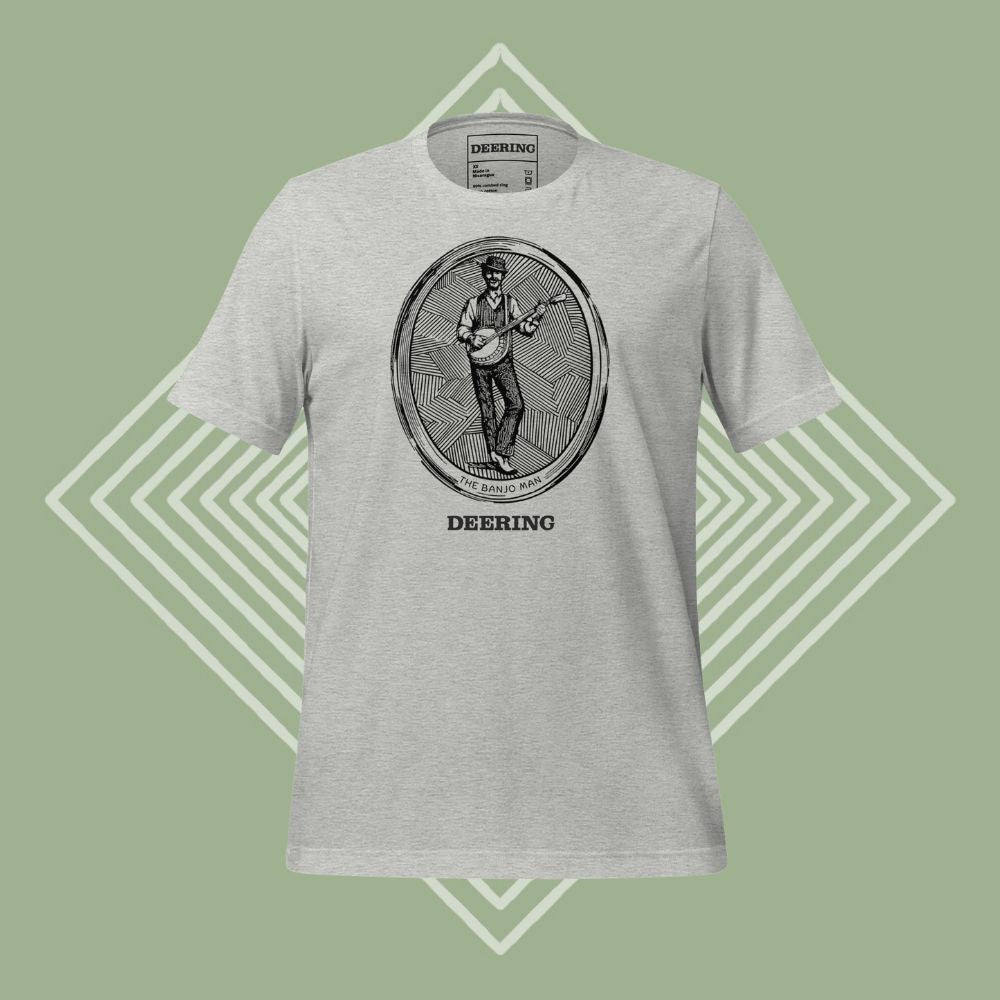 DeeringBanjoManT-ShirtMockup-Grey-GreenDiamondBackground-Front