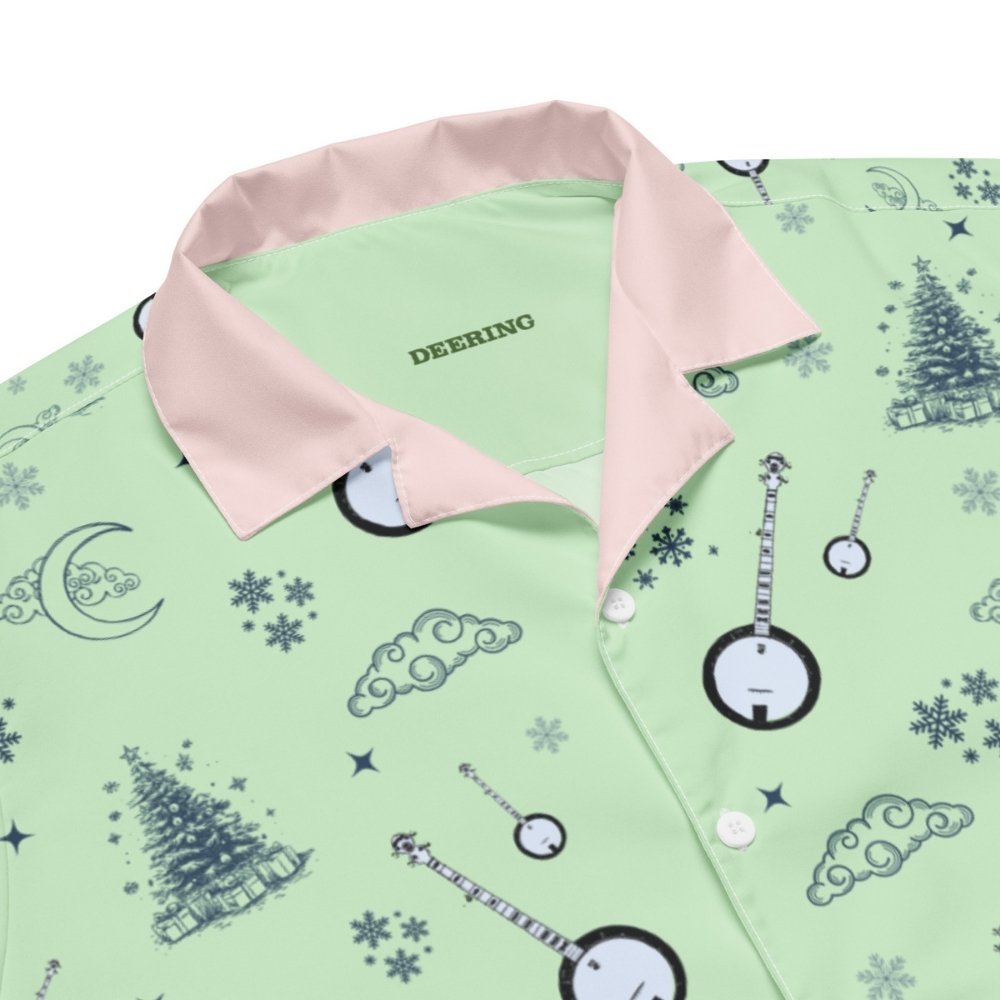 DeeringButtonUpBanjoChristmasShirt-Pistachio_Closeup, White Background