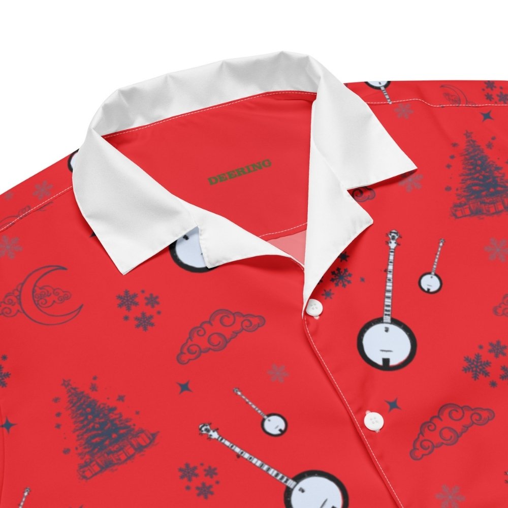 DeeringButtonUpBanjoChristmasShirt-Red_Closeup, White Background