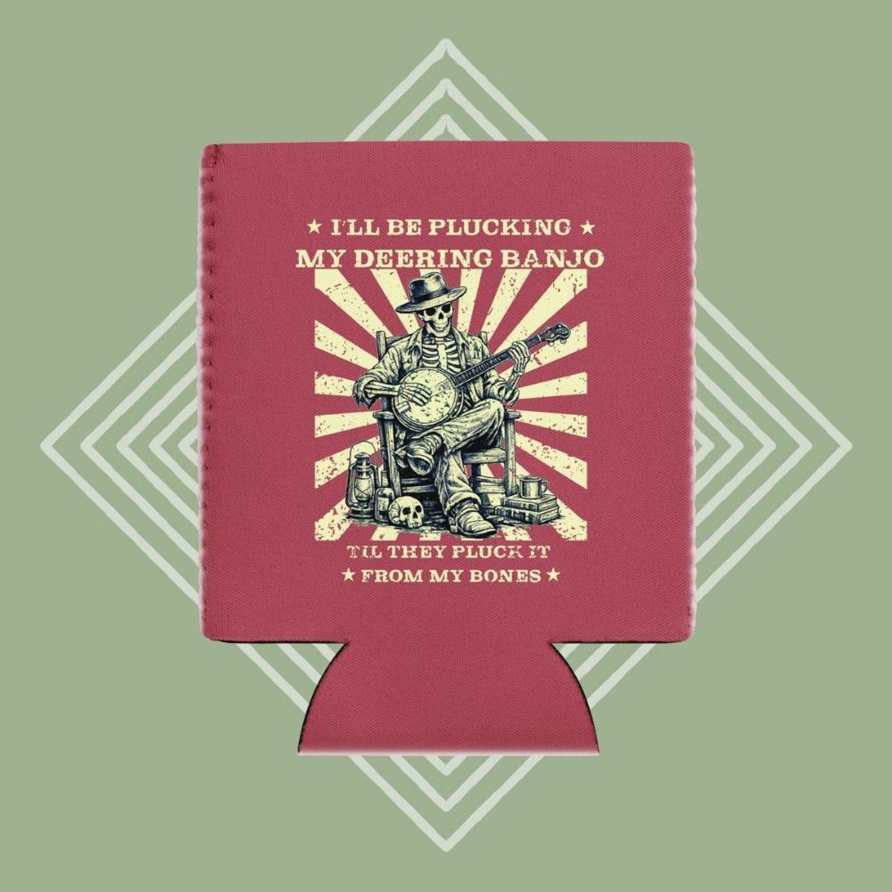 DeeringPluckItFromMyBonesKoozie12oz-Raspberry-GreenDiamondBackground Front