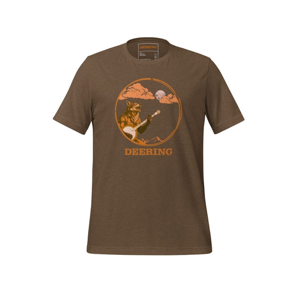 DeeringWolfmanPlaysBanjoT-Shirt_HeatherBrown_Front, white background