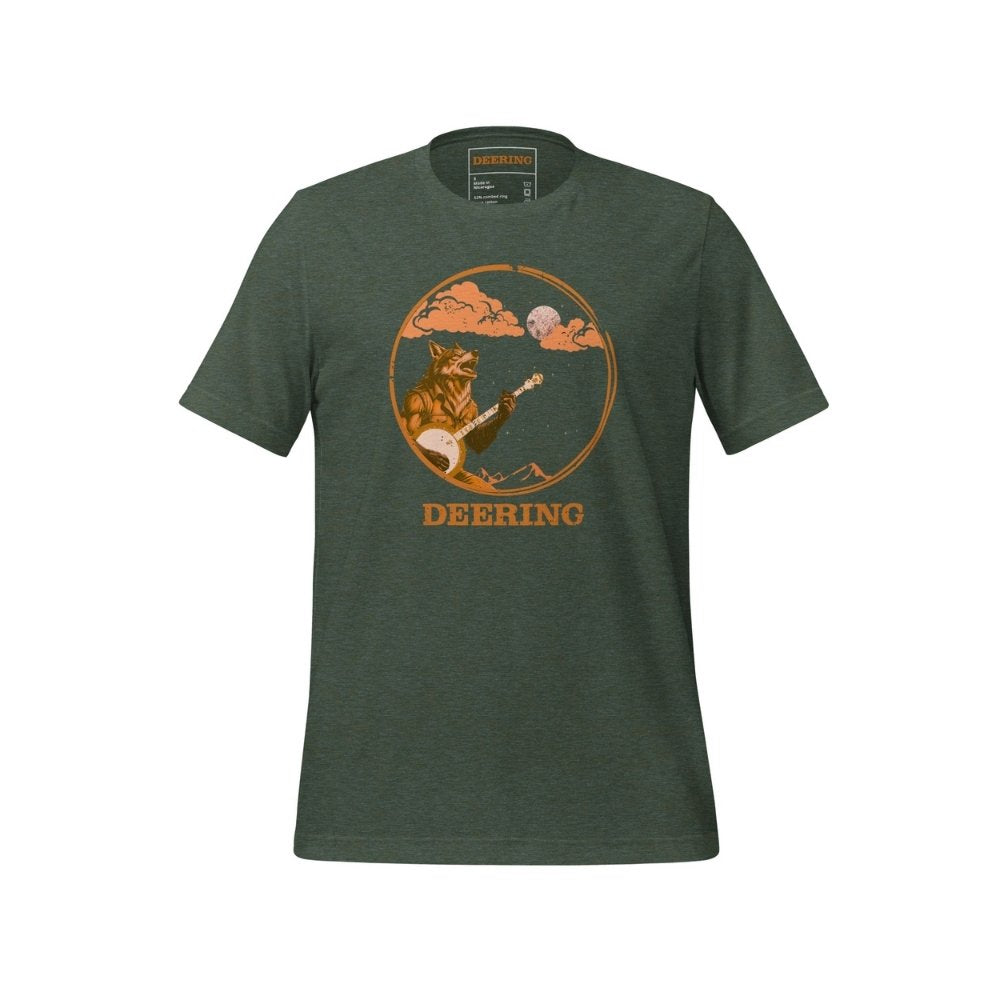 DeeringWolfmanPlaysBanjoT-Shirt_HeatherForest_Front, white background