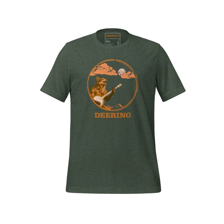 DeeringWolfmanPlaysBanjoT-Shirt_HeatherForest_Front, white background