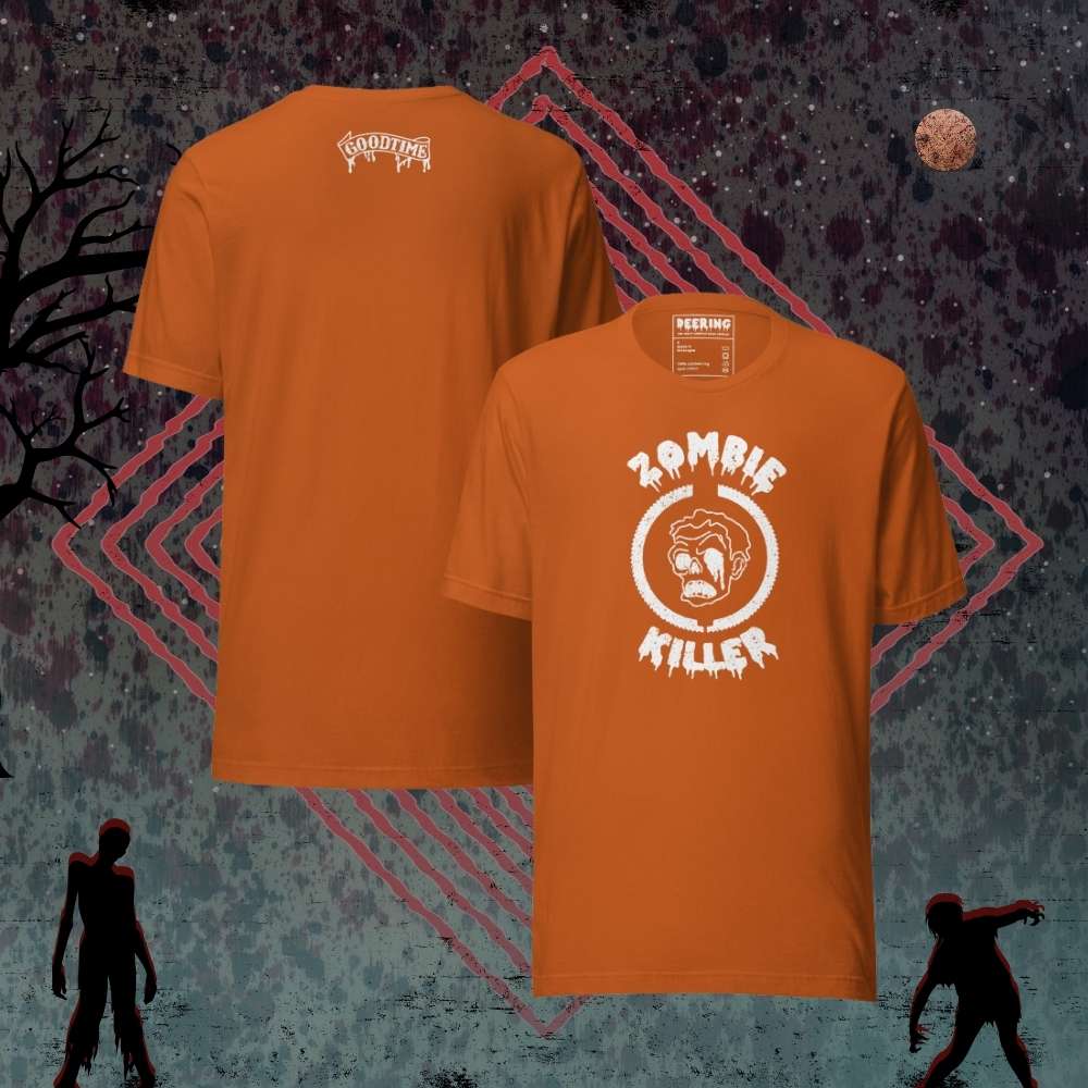 DeeringZombieKillerAutumnWhiteLogoT-Shirt2Mockups-WithZombieBackground Front and Back