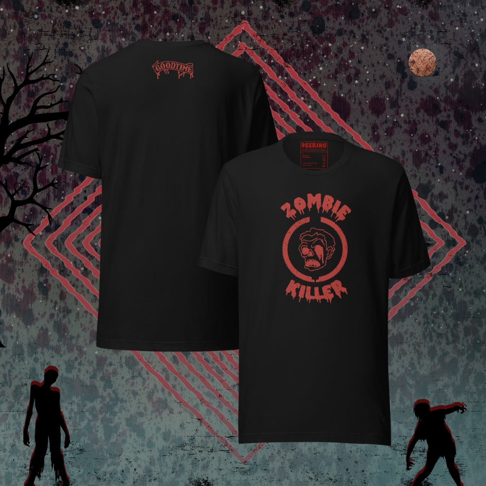 DeeringZombieKillerBlackRedLogoT-ShirtMockups-WithZombieBackground Front and Back