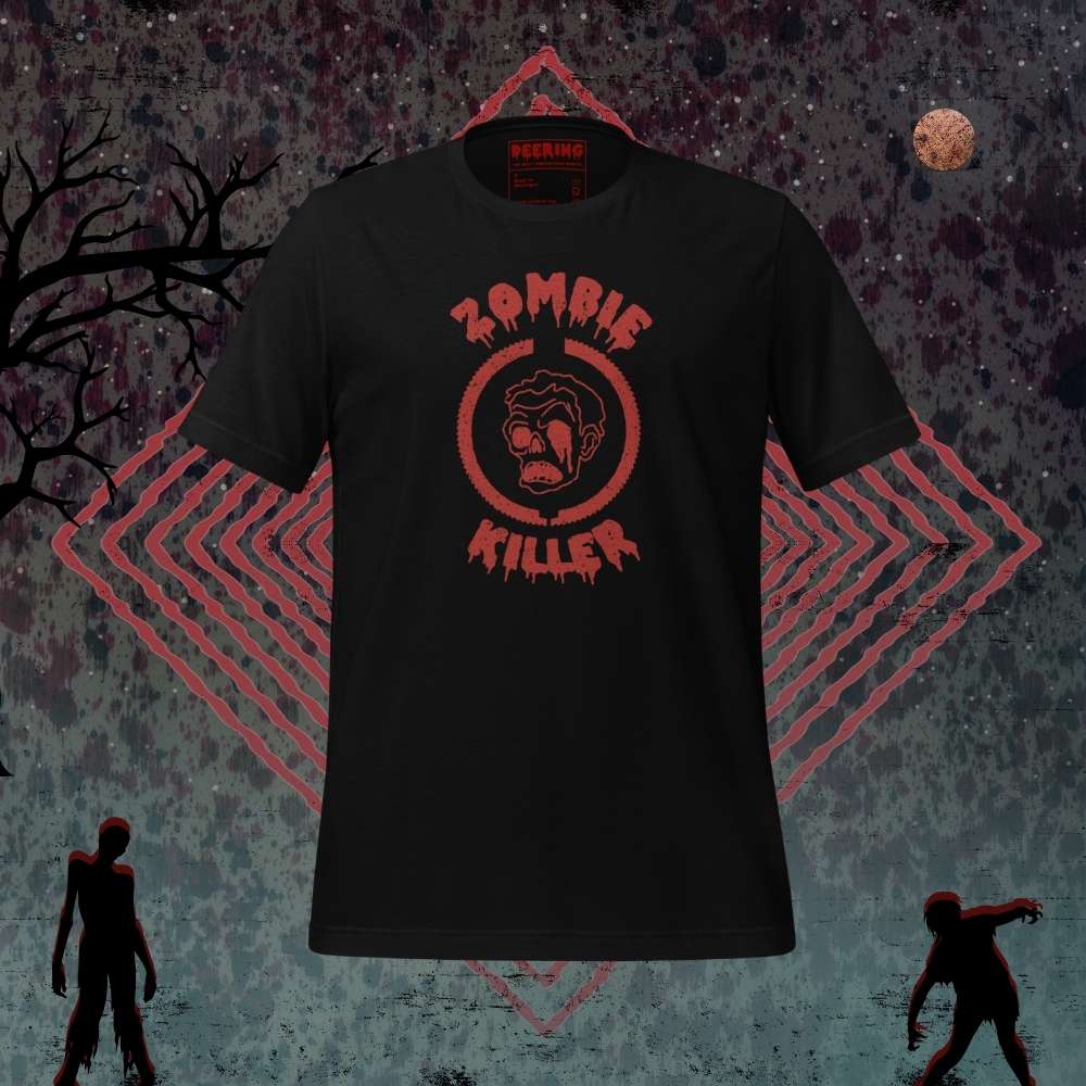 DeeringZombieKillerBlackRedLogoT-ShirtMockups-WithZombieBackground Front