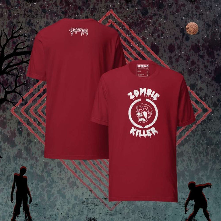 DeeringZombieKillerCardinalWhiteLogoT-ShirtMockups-WithZombieBackground Front and Back