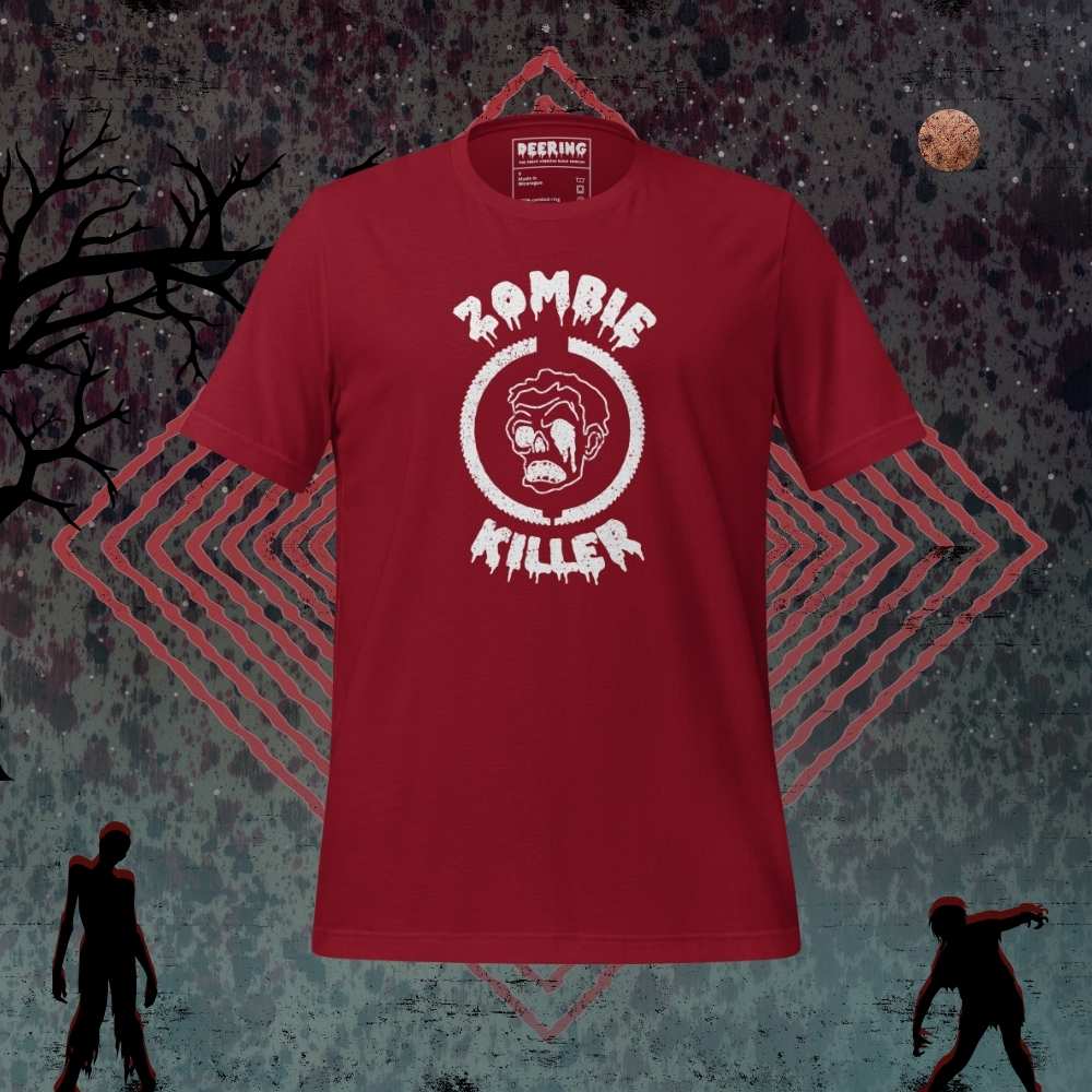 DeeringZombieKillerCardinalWhiteLogoT-ShirtMockups-WithZombieBackground Front