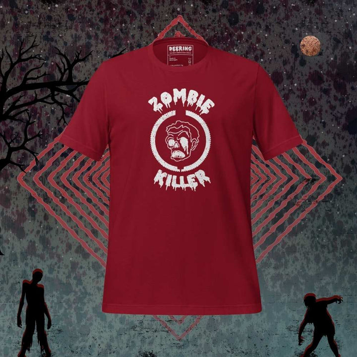 DeeringZombieKillerCardinalWhiteLogoT-ShirtMockups-WithZombieBackground Front