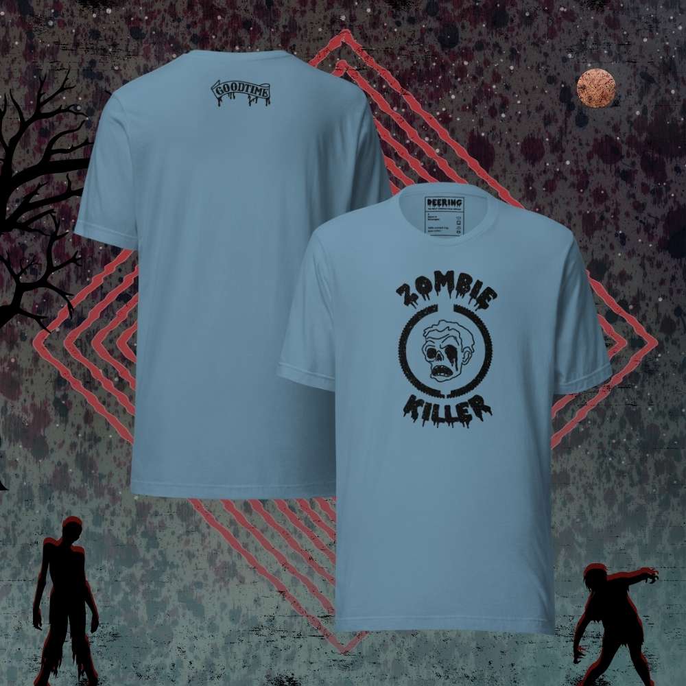 DeeringZombieKillerSteelBlueT-Shirt2Mockups-WithZombieBackground Front and Back