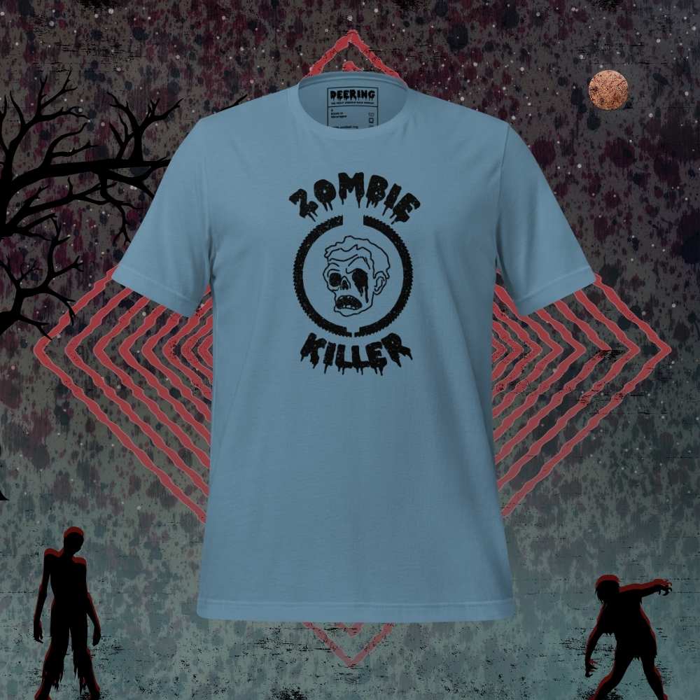 DeeringZombieKillerSteelBlueT-ShirtMockups-WithZombieBackground Front