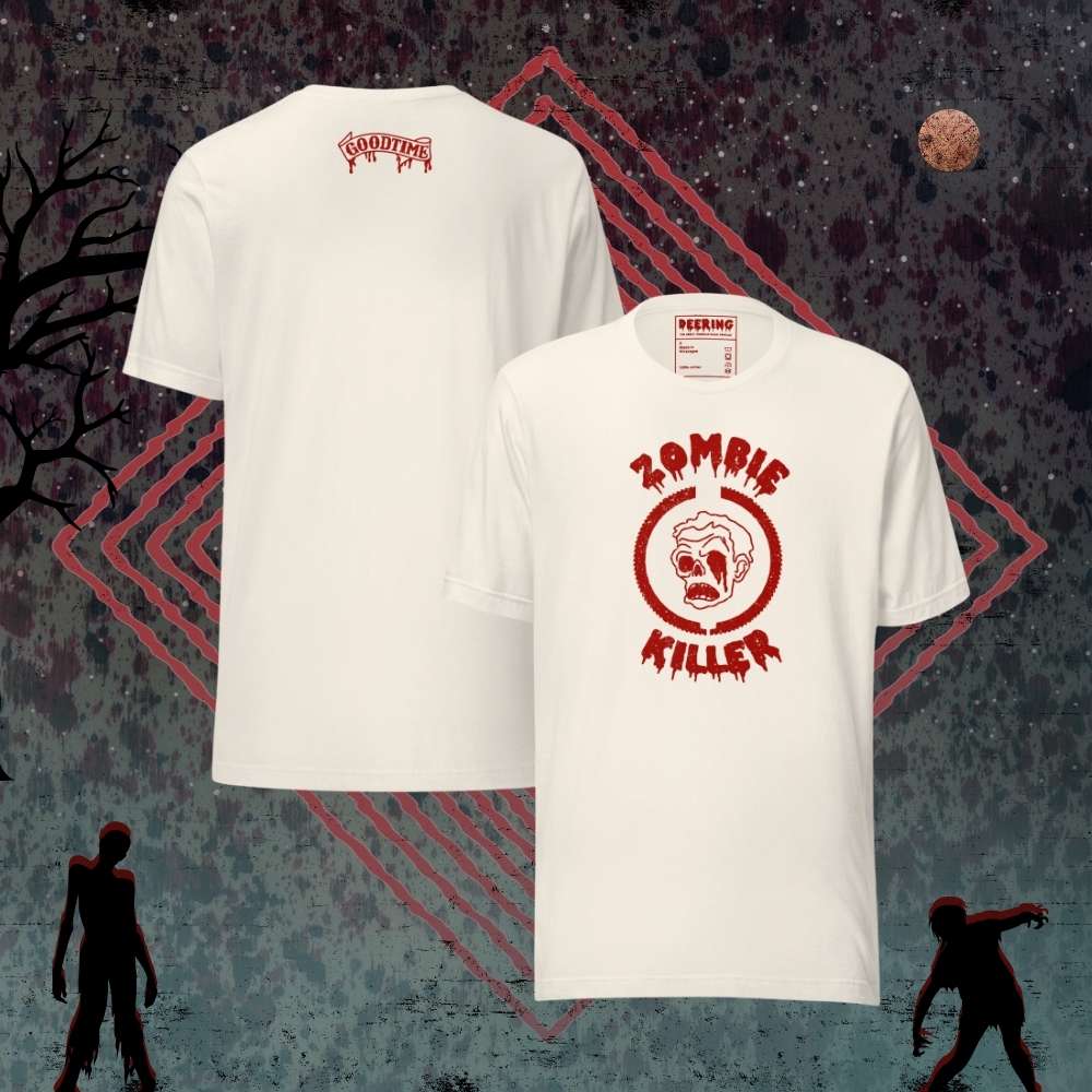 DeeringZombieKillerVintageWhiteRedLogoT-ShirtMockups-WithZombieBackground  Front and Back