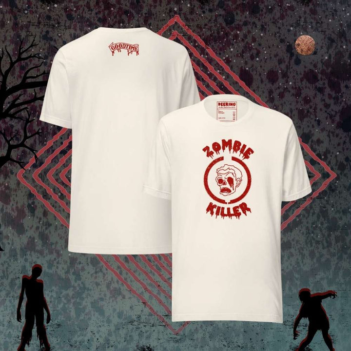 DeeringZombieKillerVintageWhiteRedLogoT-ShirtMockups-WithZombieBackground  Front and Back