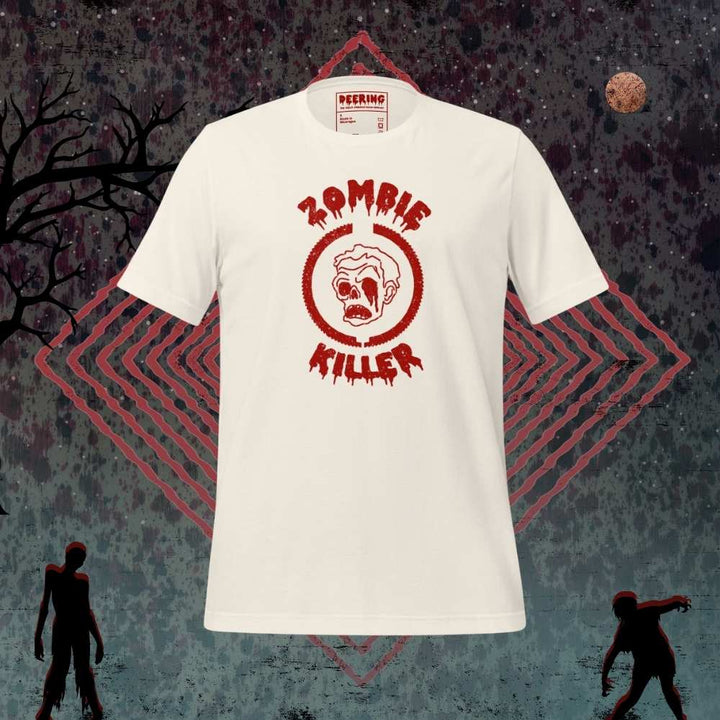 DeeringZombieKillerVintageWhiteRedLogoT-ShirtMockups-FronWithZombieBackground 1