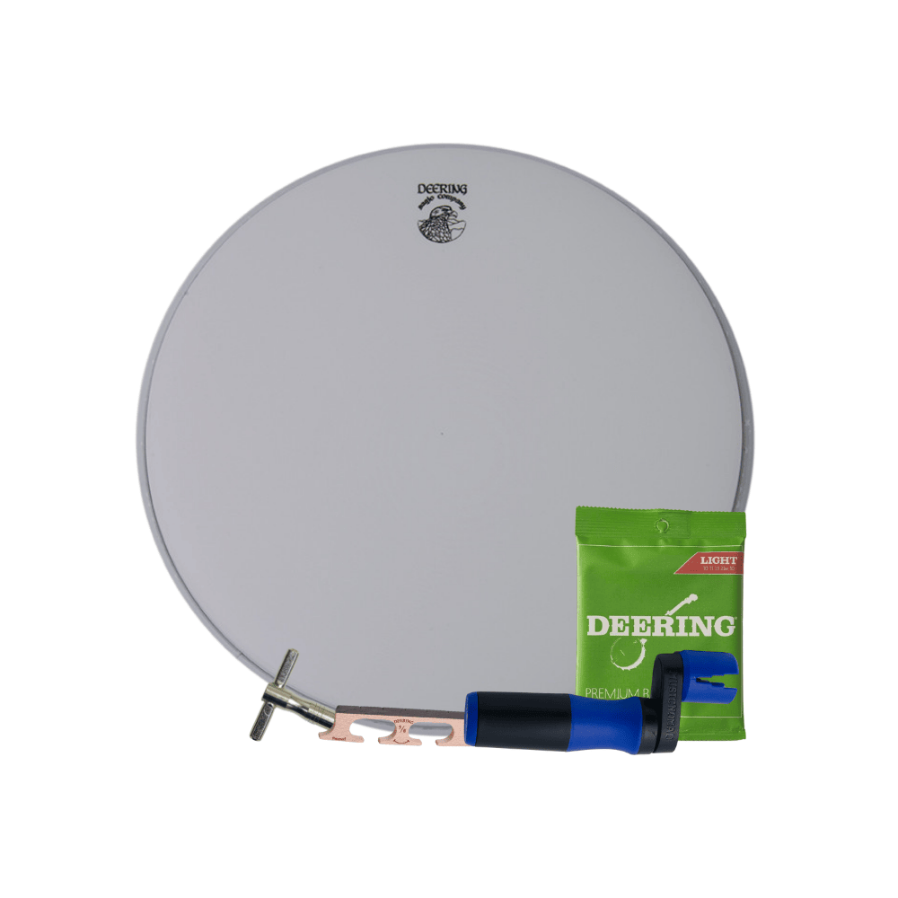 Deering Banjo Head Change Package, one set of light strings, one peg winder, one Deering Smile bridge, one tr wrench, white background